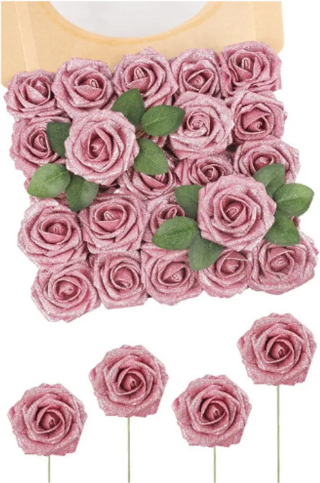 BOG Glitter Kunstrozen Set - 25 Stuks Roze Kunstrozen Met Steel - Bruiloft Bloemstukken - Tafeldecoratie - Feest - Babyshower - Kerst En Interieurdecoratie glitter roze