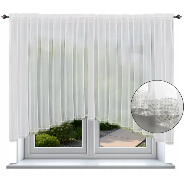 NOW-ART Zonder merk - Boogvormig vitragegordijn - 150 x 200 cm - Met strass-steentjes - Wit Wit;Zilver