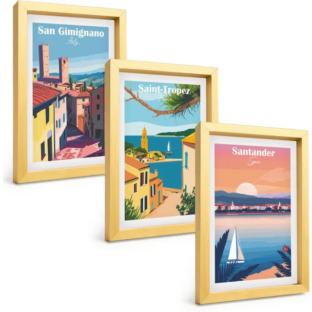 TULUP 4-Delige Schilderij Set - Italiaanse stadjes en retro kustlandschappen - 20 x 30 cm - Decoratieve Schilderijen - Woonkamer - Interieur - Muurdecoratie Gouden lijst