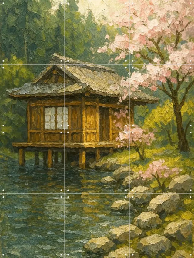IXXI Kersenbloesem bij Japans Theehuis, Natalie Bruns - 60 x 80 cm - Grote wanddecoratie en posters - Impressionisme, Naturalisme, Olieverf Roze