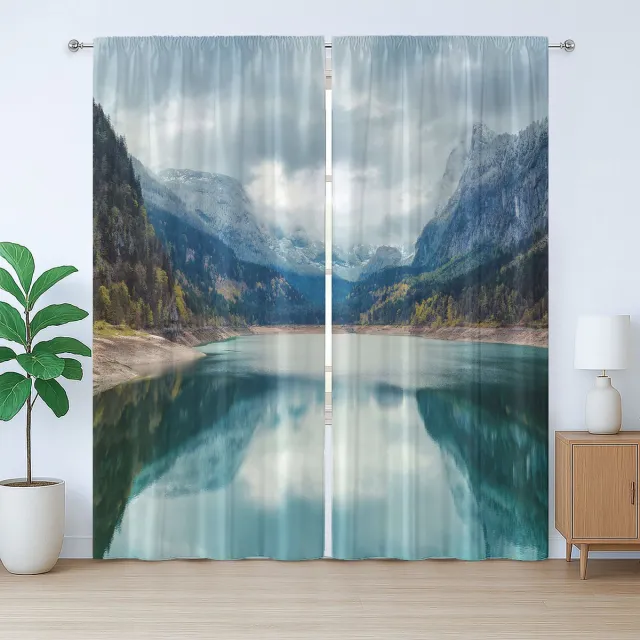 ABAKUHAUS Rustiek Berggordijn, Alpenmeer, Hemel, Bos, met Bandjes, Lussen en Haken voor de Woonkamer, 280 x 175 cm, Groen, Blauw, Grijs
