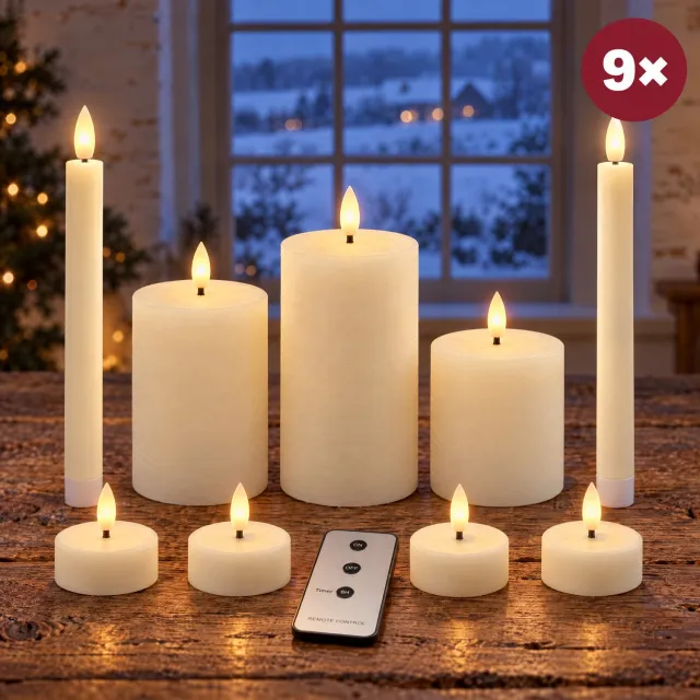 Levano LED Kaarsen met Bewegende Vlam Set van 9 - Theelichtjes - LED Dinerkaarsen - Ledkaarsen met Afstandsbediening - Kaarsenset met Timer - Tafelkaarsen - Kerst Kaarsen - Theelichtjes met Timer - Dinerkaarsen met Afstandsbediening - Ivoor