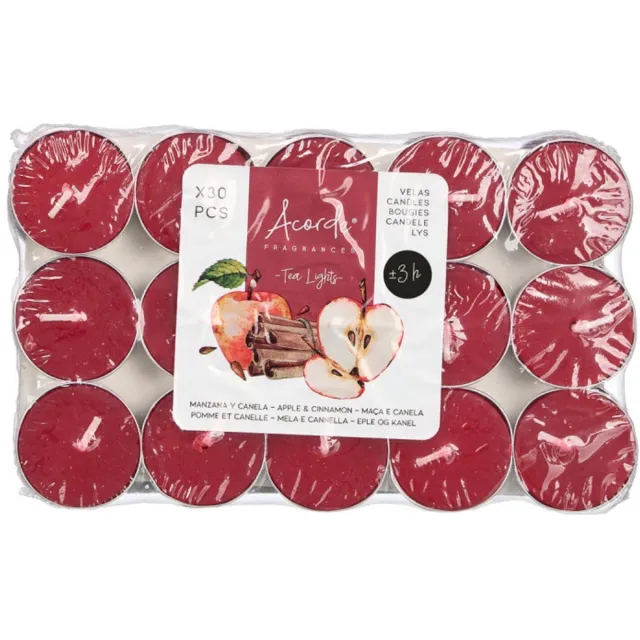 Acorde theelichtjes - appel/kaneel geur - 30x - rood - waxinelichtjes/geurkaarsen - 3 branduren Bordeaux rood