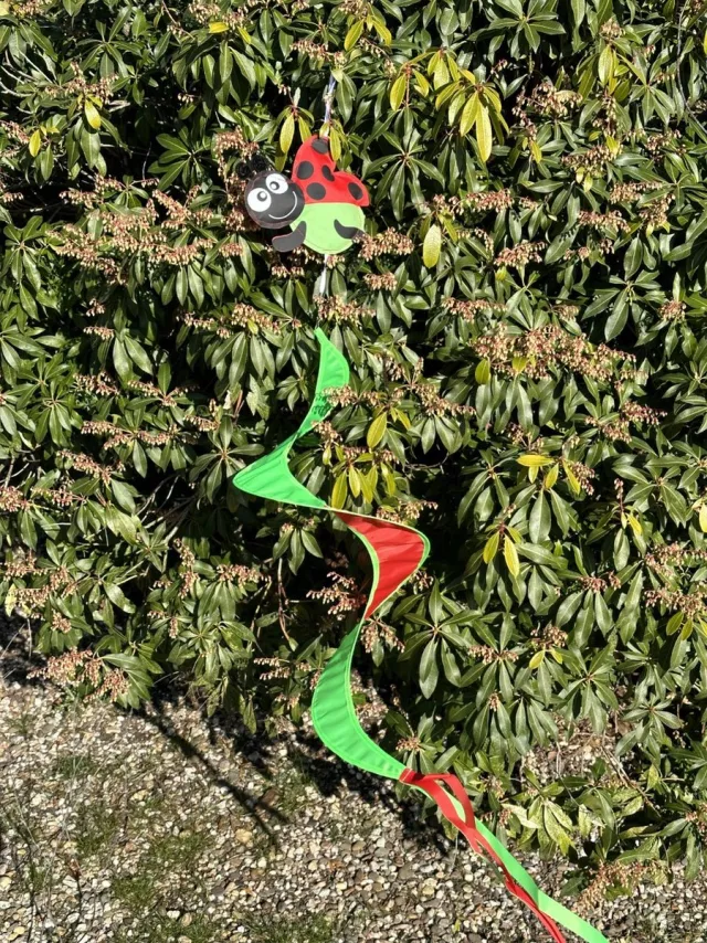 Impuls Windmolen met spiraal "lieveheersbeestje" - groen en rood - nylon + kunststof - dia 26 cm x hoogte 115 cm - Tuinaccessoires - Windmolens Groen + rood