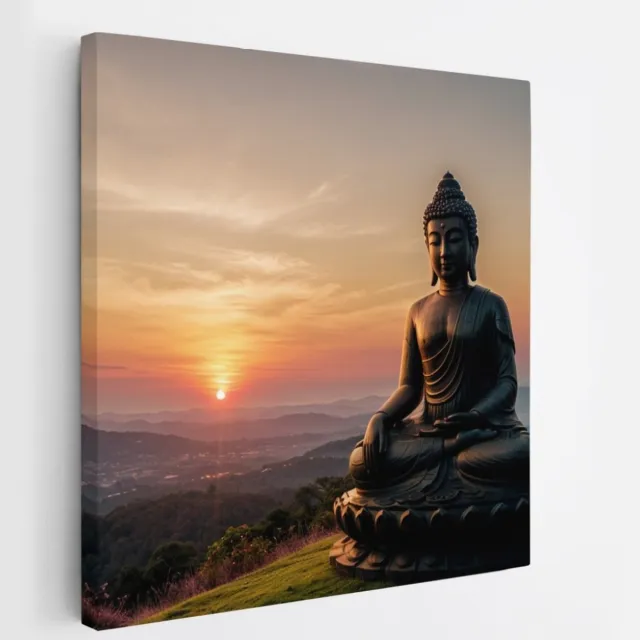 Saammp Canvas Schilderij - Boeddha bij mooie Zonsondergang - Landschap - 60x60 - Foto op canvas - Wanddecoratie - Muurdecoratie Woonkamer - Canvas schilderijen Multicolor
