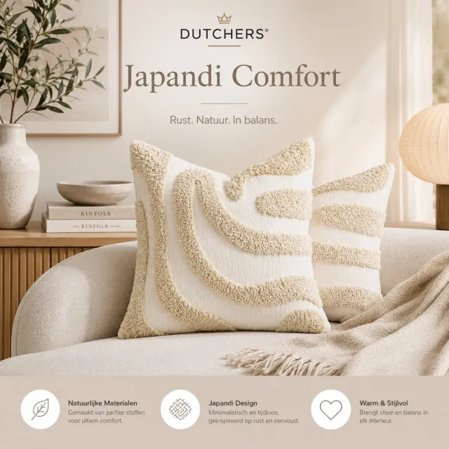 Dutchers Set van 2 Japandi Kussenhoezen – Getuft Golfpatroon - Kussenhoes - Sierkussenhoes - Kussenbeschermer - Kussensloop – Beige & Bruin – Sierkussenslopen – Minimalistisch Woondecoratie – 45 x 45 cm
