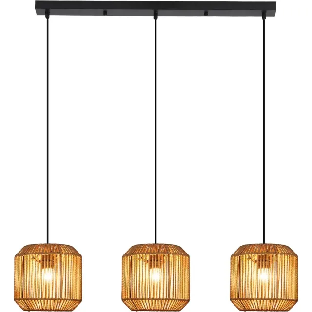 Glitzerlife Hanglampen Vintage Stijl - 3xE27 - Laternenvormig Handgeweven - Ø21cm - Papierseil IJzer - Hoogte Verstelbaar - Licht Curry - Hanglamp Eetkamer Woonkamer Slaapkamer Lantaarn