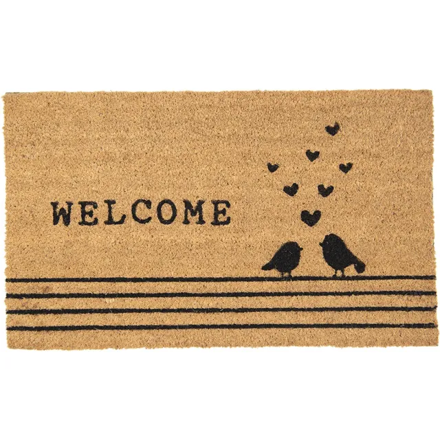 Clayre & Eef Deurmat 75x45 cm Bruin Zwart Kokosvezel Pvc Rechthoek Vogels Welcome Kokosmat
