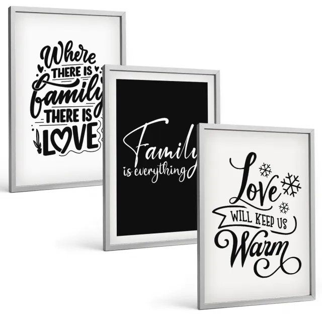 Coloray 3-Delige Schilderij Set - Familie, Liefde, Warmte, Thuis, Inspirerende Citaten - 40 x 60 cm - Stijlvolle Muurdecoratie - Kantoor - Wanddecoratie Zilveren lijst