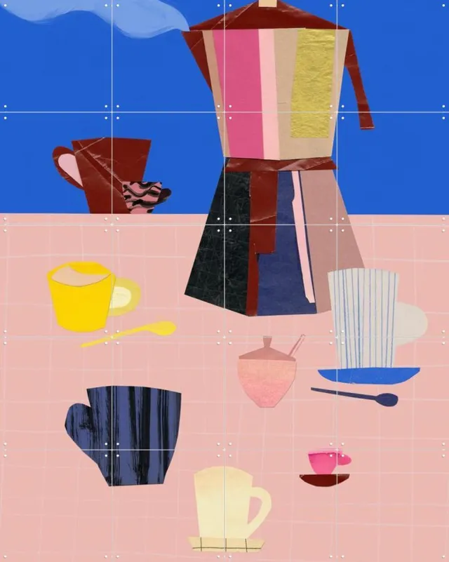 IXXI Espresso 4, Signorinah - 80 x 100 cm - Grote wanddecoratie en posters - Geometrische Kunst, Speels, Kleurrijk, Collage, Illustraties, Vintage Blauw