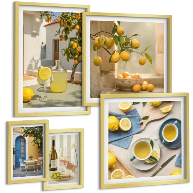 TULUP 5-Delige Schilderij Set - Citroenthema in een rustieke stijl voor de keuken - 50 x 50 cm, 20 x 30 cm en 40 x 60 cm - Muurdecoratie - Wanddecoratie - Slaapkamer Gouden lijst