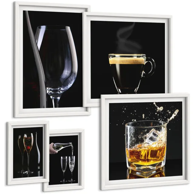 Coloray 5-Delige Schilderij Set - Cocktails En Drankjes In Een Elegante Barstijl. - 50 x 50 cm, 20 x 30 cm En 40 x 60 cm - Muurdecoratie - Wanddecoratie - Slaapkamer - Moderne Wanddecoratie Witte lijst