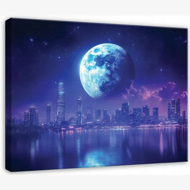 WALLARENA Schilderij op canvas - 40x30 cm - stad maan nacht panorama - Geschikt voor slaapkamer en woonkamer Veelkleurig