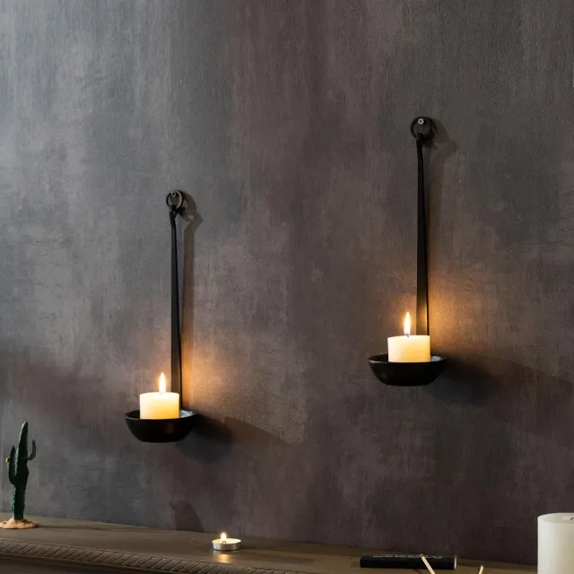 Ibenzoa Set van twee zwarte metalen wandkandelaars voor stijlvolle muurdecoratie