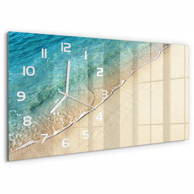 TULUP Wandklok - Golf op het strand Glazen Wandklok Design - 60x30 cm - Blauw Klok Glas Met Opdruk - Witte handen - Rechthoekige Klok - Wandklok Glas Met Motief - Decoratieve Glazen Klok