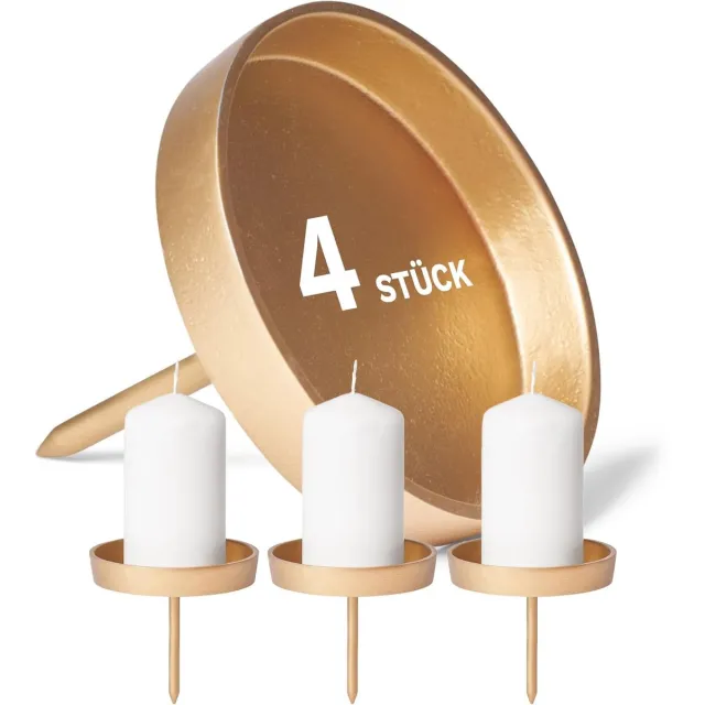 AMPW 4x kaarsenprikker plat 8,5 cm goud aluminium kerstkrans kaarsenhouder adventskrans decoratie kaarsenhouder adventskrans advent kaarsenhouder kaarsenplaat om ronde kaarsenpin op te plakken