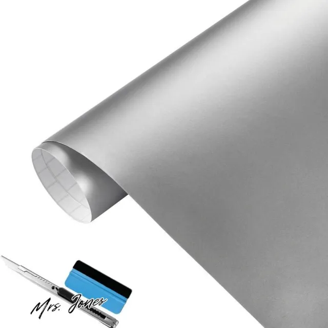 Mrs. Jones Matte zilveren vinyl wrap zelfklevende folie luchtrelease bubbel - buiten beoordeeld voor gebruik in de auto bevat installatiegereedschappen (30 cm x 150 cm) met hoge kwaliteit .