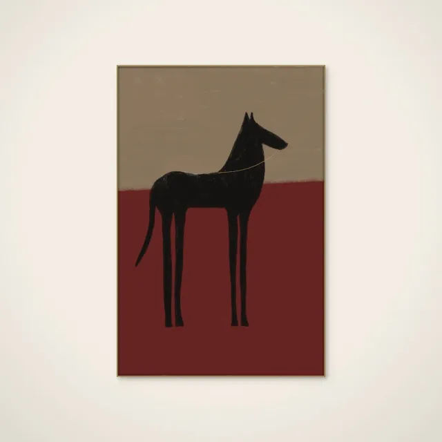 HelloWalls Akoestisch schilderij - 80 x 120 cm - Abstract Black Horse van The Art Concept - Dieren wanddecoratie - goud textielframe Meerkleurig
