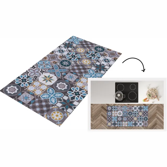KitchenYeah Keukenloper - Loper keuken - Bloemen - Patronen - Blauw - Bruin - 150x50 cm - Keukenloper vinyl, foto 4
