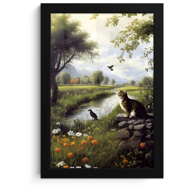 FrameYourWall Poster in lijst - Fotolijst 20x30 cm - Posters - Kat - Beekje - Weide - Posterlijst zwart - Decoratie - Wanddecoratie woonkamer - Muurdecoratie slaapkamer Kat - Natuur