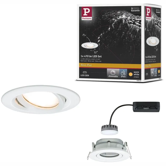 Paulmann LED-inbouwlamp Nova Plus Coin Enkele lamp zwenkbaar IP65 rond 93 mm 30° Coin 6W 470lm 230V dimbaar 2700K Wit mat