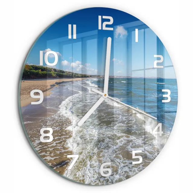 TULUP Wandklok - Oostzee Moderne Wandklok Glas - fi30 cm - Blauw Wandklok Glas Decoratie - Witte handen - Ronde Klok - Glazen Wandklok Design - Klok Glas Met Opdruk