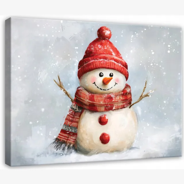WALLARENA Schilderij op canvas - 100x70 cm - winterse sneeuwman op het schilderij - Geschikt voor slaapkamer en woonkamer Veelkleurig