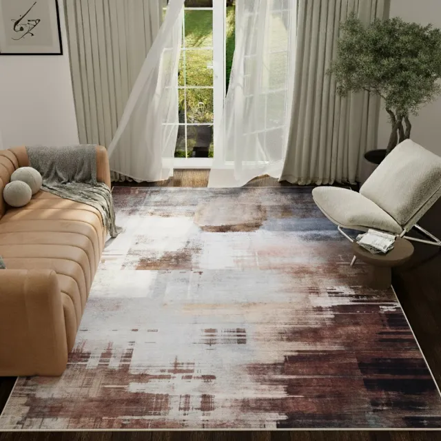 Tapiso ASH Vloerkleed Bruin Abstract Vintage Design Laagpolig Tapijt Voor Woonkamer Slaapkamer en Hal Antislip - 140x200