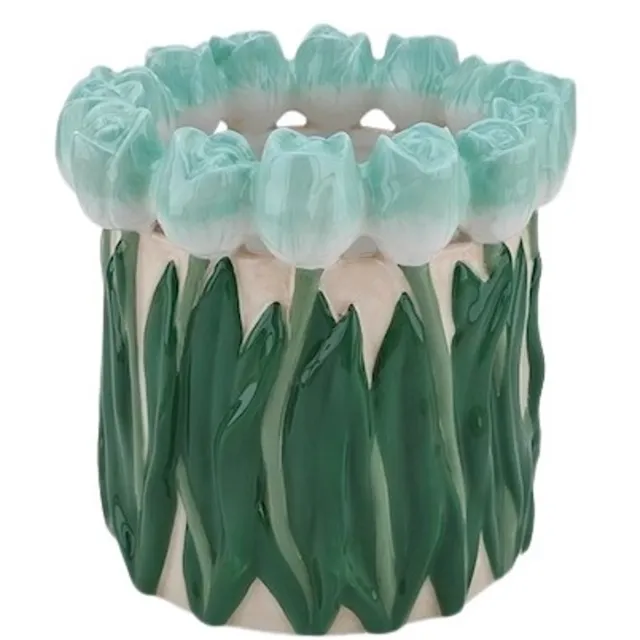 Housevitamin Vaas- Bloemen Vaas met Tulpen rand - Dolomiet - Licht Groen/ Groen- 17x17x16cm Mintgroen