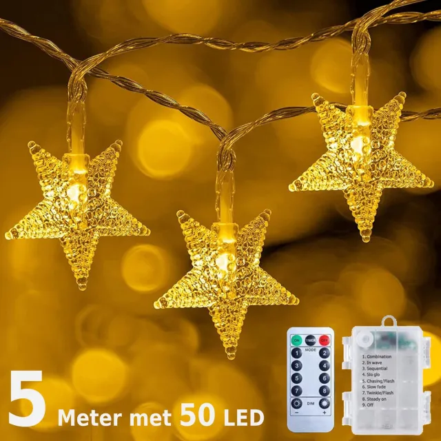 BOTC Lichtsnoer - 5 Meter - 50 LED - Afstandbediening – Fairy Lights – Sterren - Lampjes Slinger - Warm wit licht