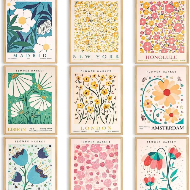 Unyqoos Stijlvolle Set van 9 Bloemenposters voor Vintage en Minimalistische Interieurs groen