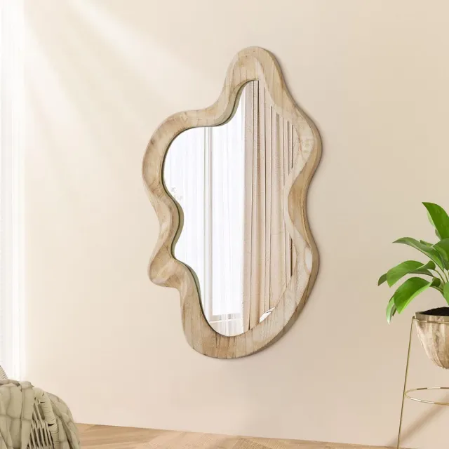 Famanu Grote asymmetrische wandspiegel met houten frame, artistieke wanddecoratie voor badkamer, wasruimte, slaapkamer, woonkamer en hal Naturel