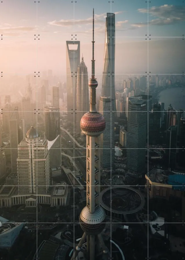 IXXI Aerial Shot Shanghai China, Tristan Zhou - 100 x 140 cm - Grote wanddecoratie en posters - Fotografie, Gang, Woonkamer, Mancave, Skyline Grijs / Warme kleuren
