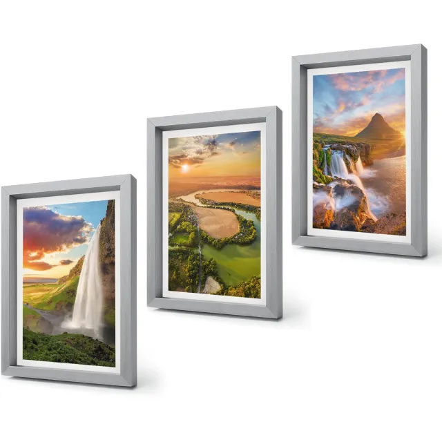 Coloray 4-Delige Schilderij Set - Watervallen, berglandschappen en rivieren bij zonsondergang - 20 x 30 cm - Muurdecoratie - Wanddecoratie - Slaapkamer - Stijlvolle Muurdecoratie Zilveren lijst