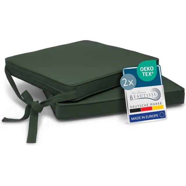 Beautissu Loft SK - Set van 2 Stoelkussens met Linten Zitkussen 45x40x5 cm - Zitkussens voor Stoelen Non-Slip met Afneembare Kussenhoes - Kussen Groen