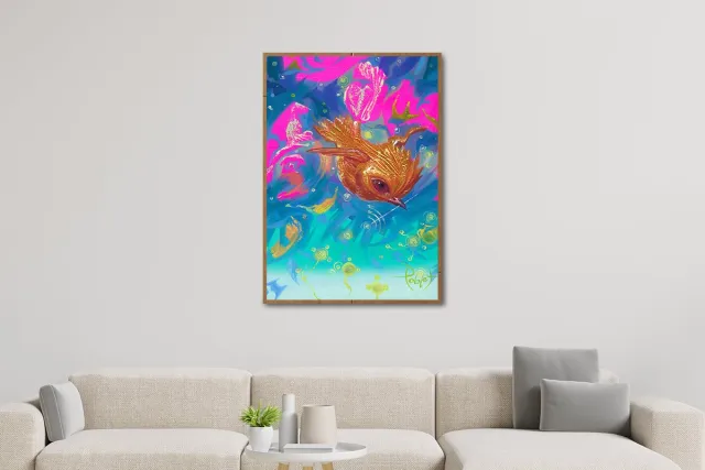 Studio Ignacio Poblet Golden Birds Series – Descent of the Golden Wanderer #1 – A2 – Fine Art Paper – Giclée Art Print Blauw