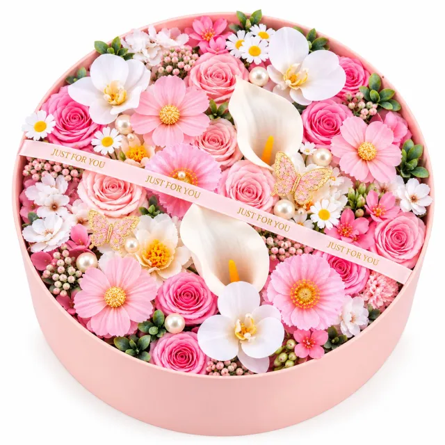 La Roselle Amsterdam Luxe Bloemenbox Roze-Wit met Kunstbloemen – Rond Bloemstuk met Rozen, Orchideeën en Pareldecoratie – Cadeau voor Verjaardag, Moederdag, Valentijn, Jubileum, Bruiloft en Kerst | La Roselle Amsterdam Roze, Lichtroze, Wit, Pastel