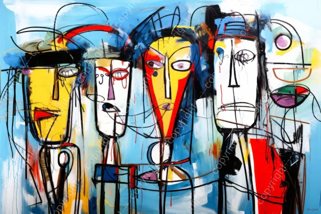 John Joseb Art (Canvas) 60x40 | 4 Gezichten, man vrouw, abstract in Herman Brood stijl, kleurrijk, felle kleuren, kunst, woonkamer slaapkamer | mens, bruin, rood, blauw, modern | Foto-Schilderij print (wanddecoratie) Canvas, dikte 2 cm