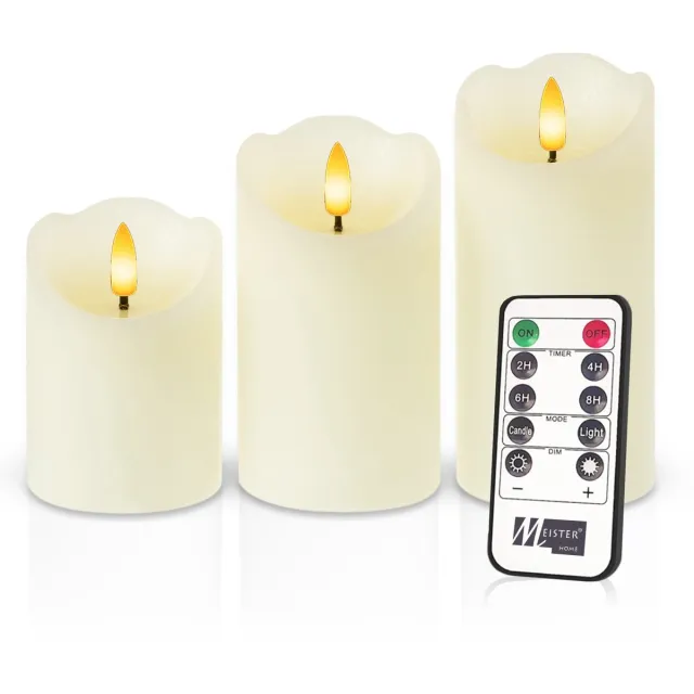 Meisterhome 3 x Led Stompkaars Rustiek - Ivoor – Stompkaars Echte wax – Led kaarsen - 10 / 12.5 / 15 cm Hoog - Met afstandsbediening – Timer 2/4/6/8 uur - Dimbaar Ivory