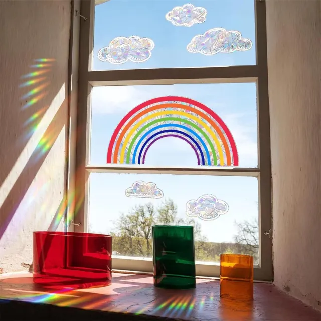 Cyslmuk 2 vellen (30 x 40 cm) Regenboogwolken kleurrijke raamdecoratie stickers – Dubbelzijdige statische stickers - voor alle gladde glasoppervlakken, zoals ramen, glazen deuren, terrasdeuren en schuifdeuren| Cyslmuk® Stijl 6