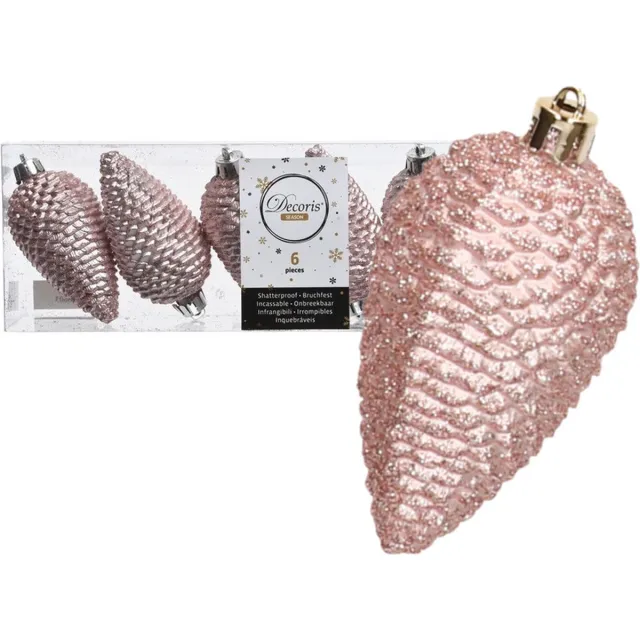 Decoris 6x Lichtroze dennenappels kerstballen 8 cm - Glitter - Onbreekbare plastic kerstballen - Kerstboomversiering lichtroze Licht roze
