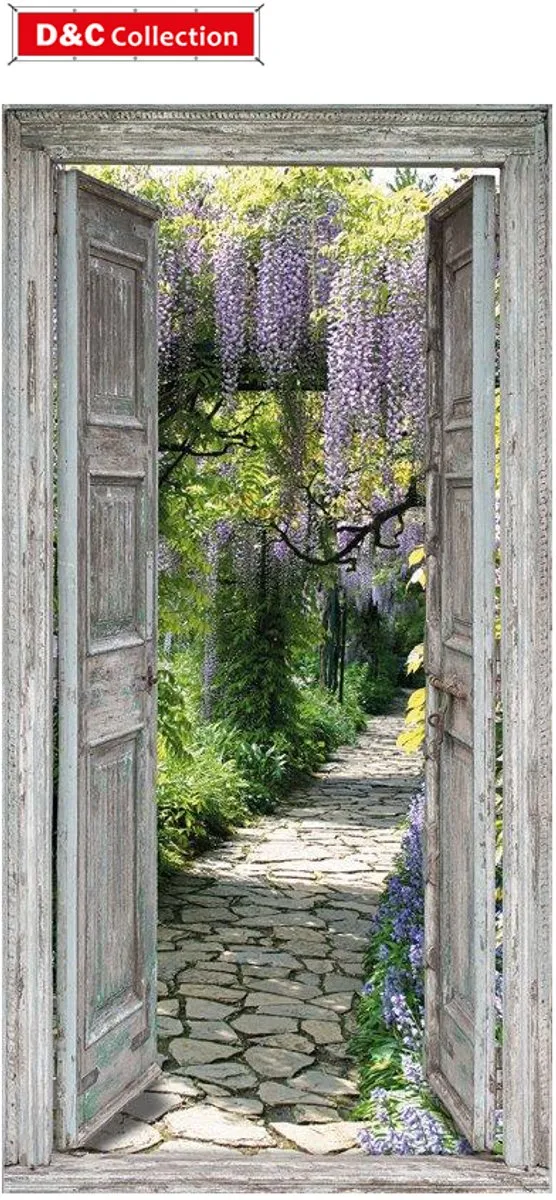 D&C Collection tuinposter - 85x170 cm - doorkijk openslaande deuren - blauwe regen - tuindecoratie - tuindoek blauw, grijs, wit, groen