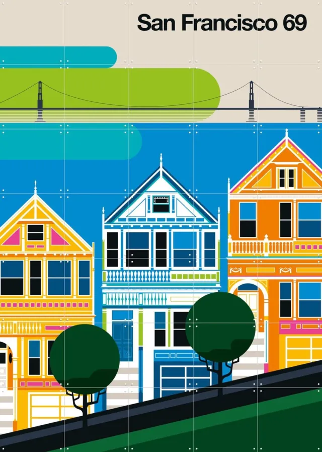 IXXI San Francisco 69, Bo Lundberg - 100 x 140 cm - Grote wanddecoratie en posters - Illustraties, Geometrische Kunst, Grafisch Ontwerp, Pop art Blauw