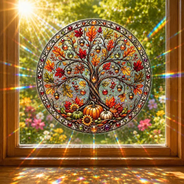 SNQ 1 Glas-in-lood raamsticker - Raamfolies - Raamsticker Boom des Levens - Ronde Zonnevanger - Statische Folie voor Glas - Herfstdecoratie - Verwijderbaar en Herbruikbaar - Woonaccessoire - Kleurrijk Lichtspel - 20×20 cm