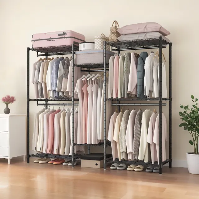 STILVORA Kledingrek Verstelbaar Metaal Zwart 194 Cm Met 5 Kledingstangen En Planken Vrijstaand Voor Slaapkamer En Kledingkamer