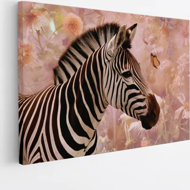 Saammp Canvas Schilderij - Zebra tussen de bloemen - Vlinder - Natuur - Dieren - 100x75 - Foto op canvas - Wanddecoratie - Muurdecoratie Woonkamer - Slaapkamer decoratie - Canvas Print Multicolor
