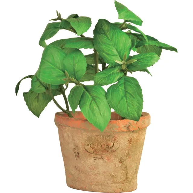 Esschert Design Kunstplant/kruiden basilicum - in oude terracotta pot - 15 cm - kruiden Terracotta bruin