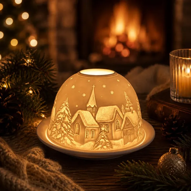 Candle Wisdom Merry Christmas - Winterdorp - Porseleinen waxinelichthouder – Porseleinen theelichthouder - Porseleinen koepel – Sfeerlicht - Cadeau – Geschenk – Valentijn – Moederdag – Verjaardag – Kerst Wit 8