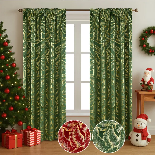 LAPAMAX Gordijn met Multifunctionele Ophangband en Goudkleurig Bladpatroon - Verduisterend Overgordijn van Zacht Velours - Kerstgordijn voor Woonkamer, Slaapkamer en Kerstdecoratie - Groen - 132 x 244 cm - 2 Stuks