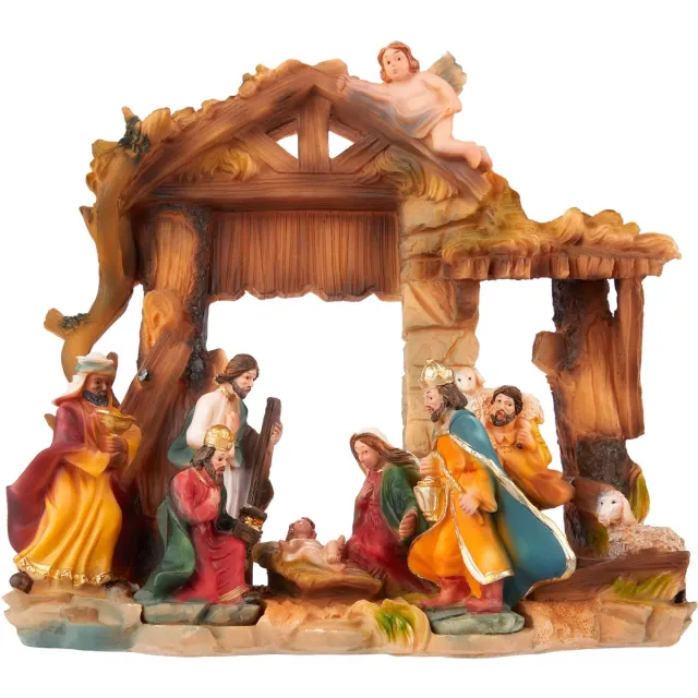 Brubaker Kerststal - Jezus, Maria, Jozef en de koningen in de kerststal - 22 cm tafelkribbe kerstfiguur met handbeschilderde figuren van polyhars - kerststalfiguur tafeldecoratie Multicolor